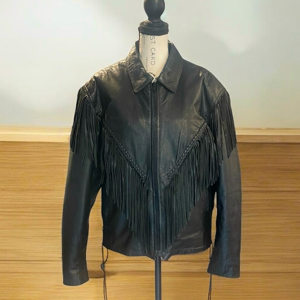 LEATHER FRINGE BIKER JACKET SILVER BIKE WOMENS SZ XXL BLACK Moto